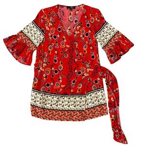 Suzanne Betro Medium Red Floral Wrap Top Bell Sleeve V-Neck SideTie Boho Blouse